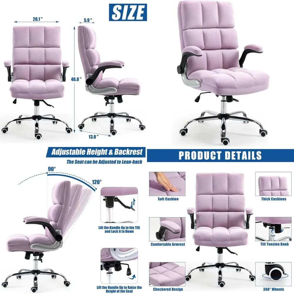 Sedia da scrivania ergonomica con schienale alto in velluto viola senza poggiapiedi
