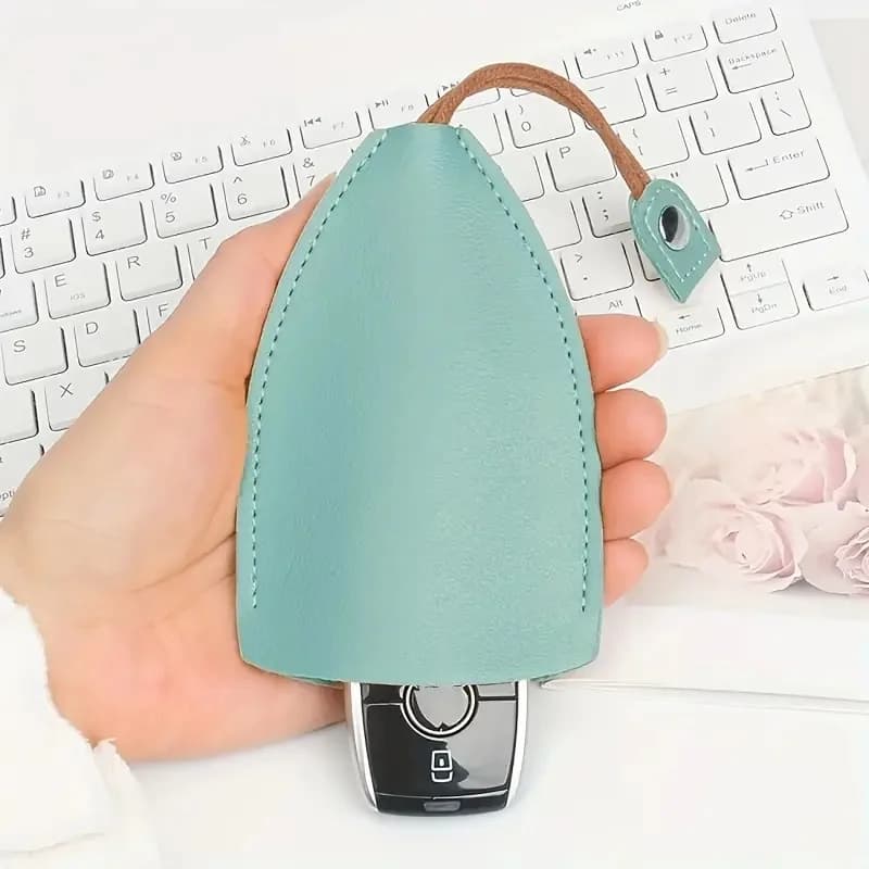 Drawstring Faux Leather Keychain Bag - Compact, Portable Key Organizer & Protector in 5 Vibrant Colors (Yellow, Blue, Red)