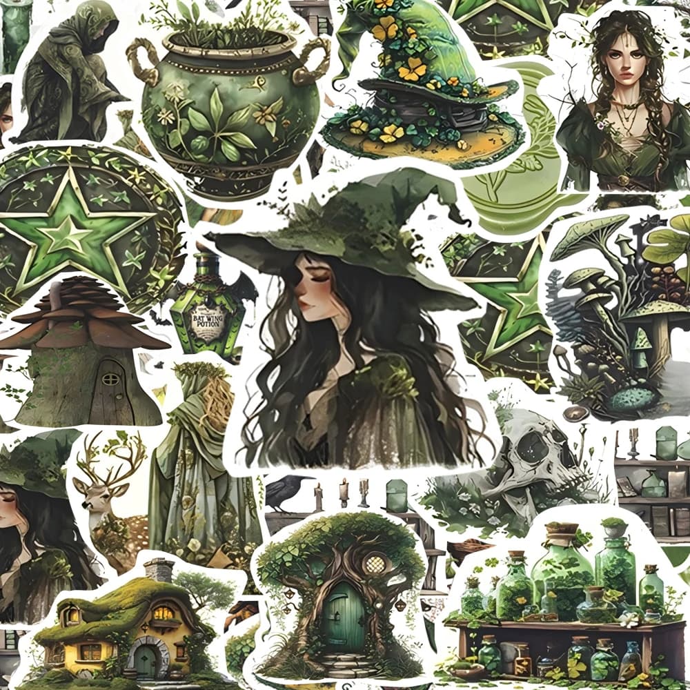10/30/50pcs Retro Green Forest Magic Witch Cartoon Stickers Aesthetic Graffiti Luggage Skateboard Phone Laptop Cool Sticker Pack