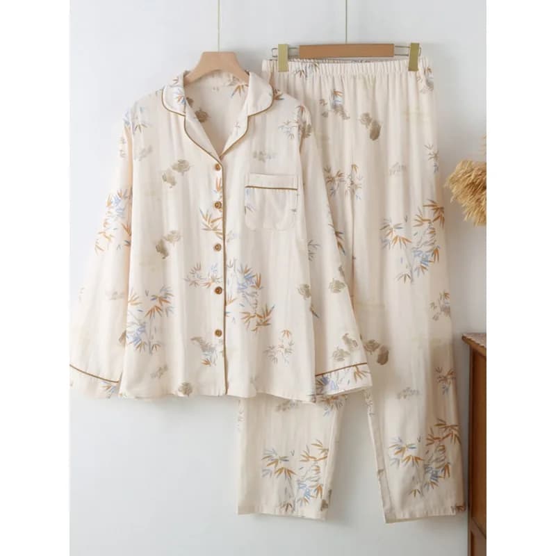 2pcs Women's Pajama Set Modern Chinese Style Bamboo Print 100% Cotton Double Layer Gauze Long Sleeve Loose Lightweight Breathabl