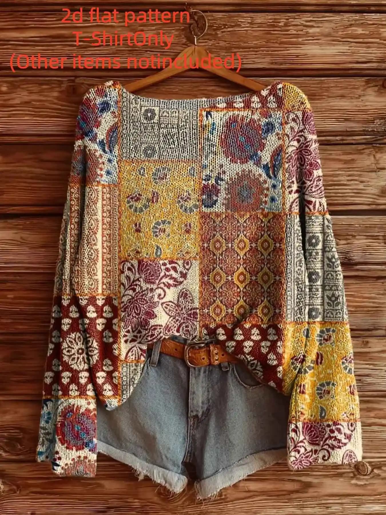 2D Flat Pattern Autumn and Winter Fashion New Style Off-Shoulder Long-Sleeve Women's Top with Digital Print Trendy Women's Clothing