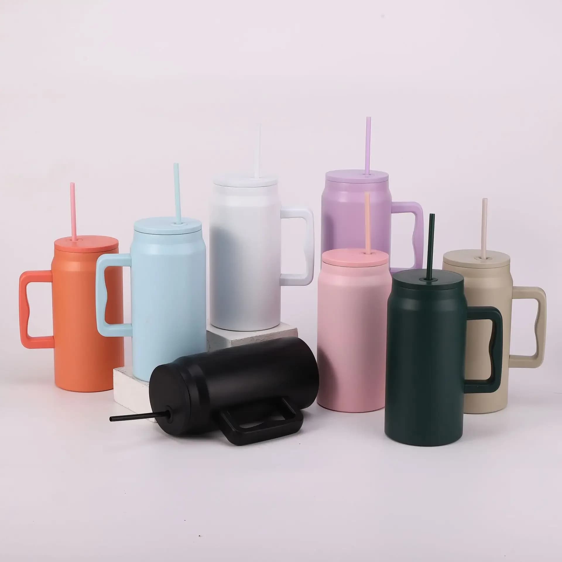 1.5L Large Capacity Thermos Cup With Straw Handle,Double Layer Stainless Steel Vacuum Flasks,Outdoor Drinkware,Car Water Bottle