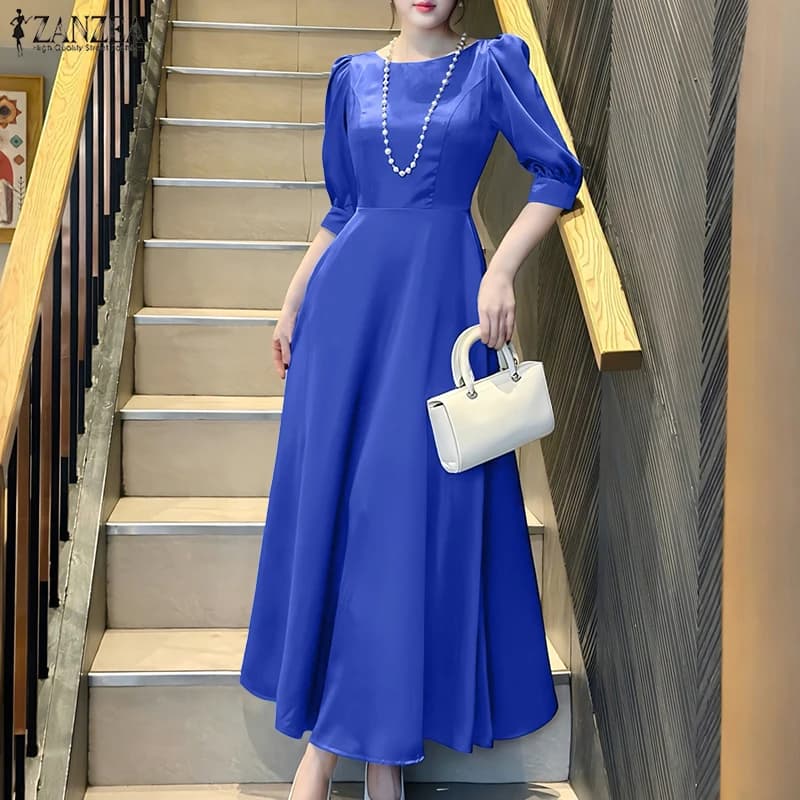 Abito elegante da donna a trapezio ZANZEA OL Work Summer Party Abiti lunghi maxi Vestiti con maniche a 3/4 Vestiti con scollo a O Vestito estivo plissettato in tinta unita