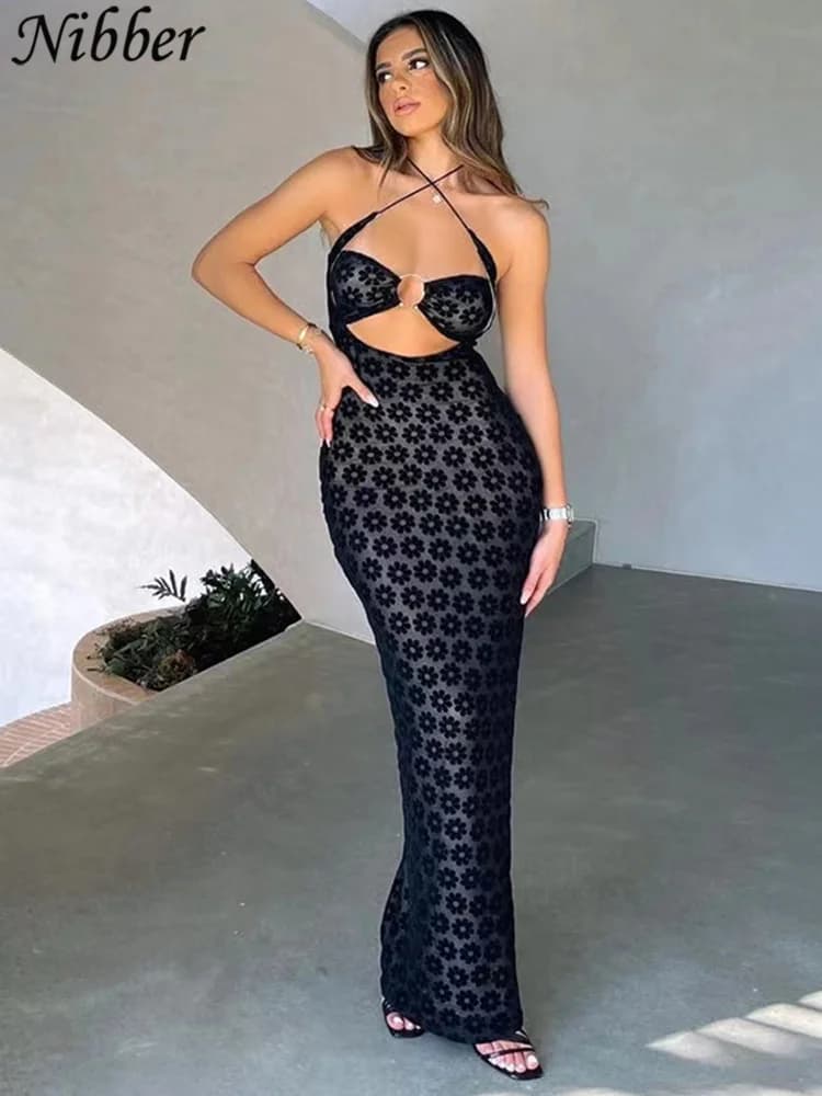 Nibber tinta unita collo appeso maxi abito sexy cava donna prospettiva borsa fianchi abito femminile strada abiti alla moda abbigliamento