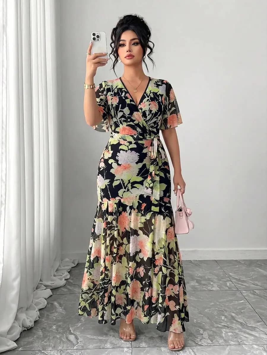 Womens Floral Print V-Neck Wrap Dress With Belt Short Sleeve Maxi Dress