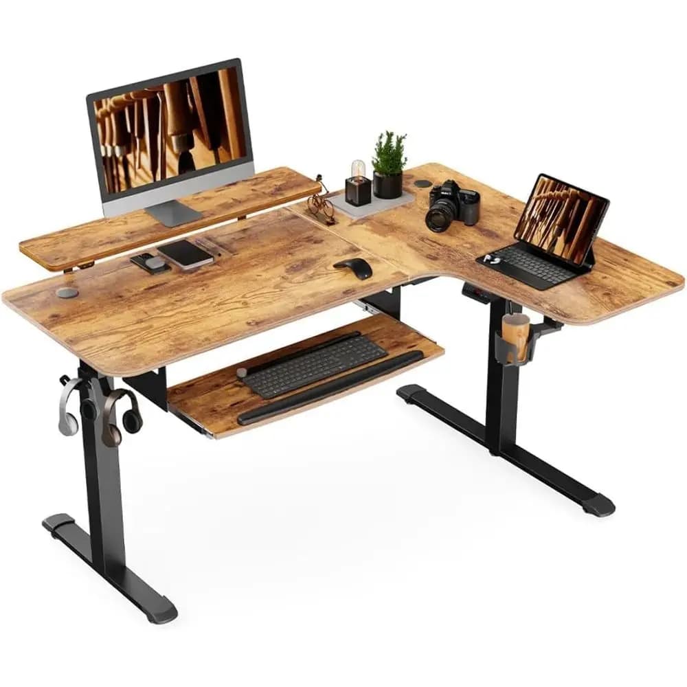 Scrivania Elettrica Regolabile in Altezza a L da 61 Pollici con Supporto Monitor, Doppio Motore, Marrone Rustico, per Postazione Seduta/In Piedi e Gaming