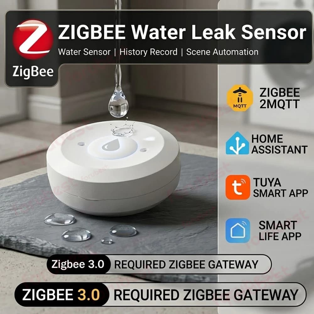 Zigbee Water Sensor Leak Flood Detector App Remote Monitoring for Kitchen/Bathroom Support Home Assistant Z2M Tuya Need Gateway