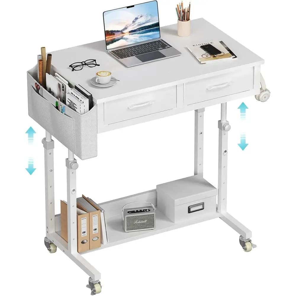 Scrivania portatile con rotelle e cassetti, scrivania mobile regolabile da 32 pollici per insegnanti, tavolo per laptop con portaoggetti per
