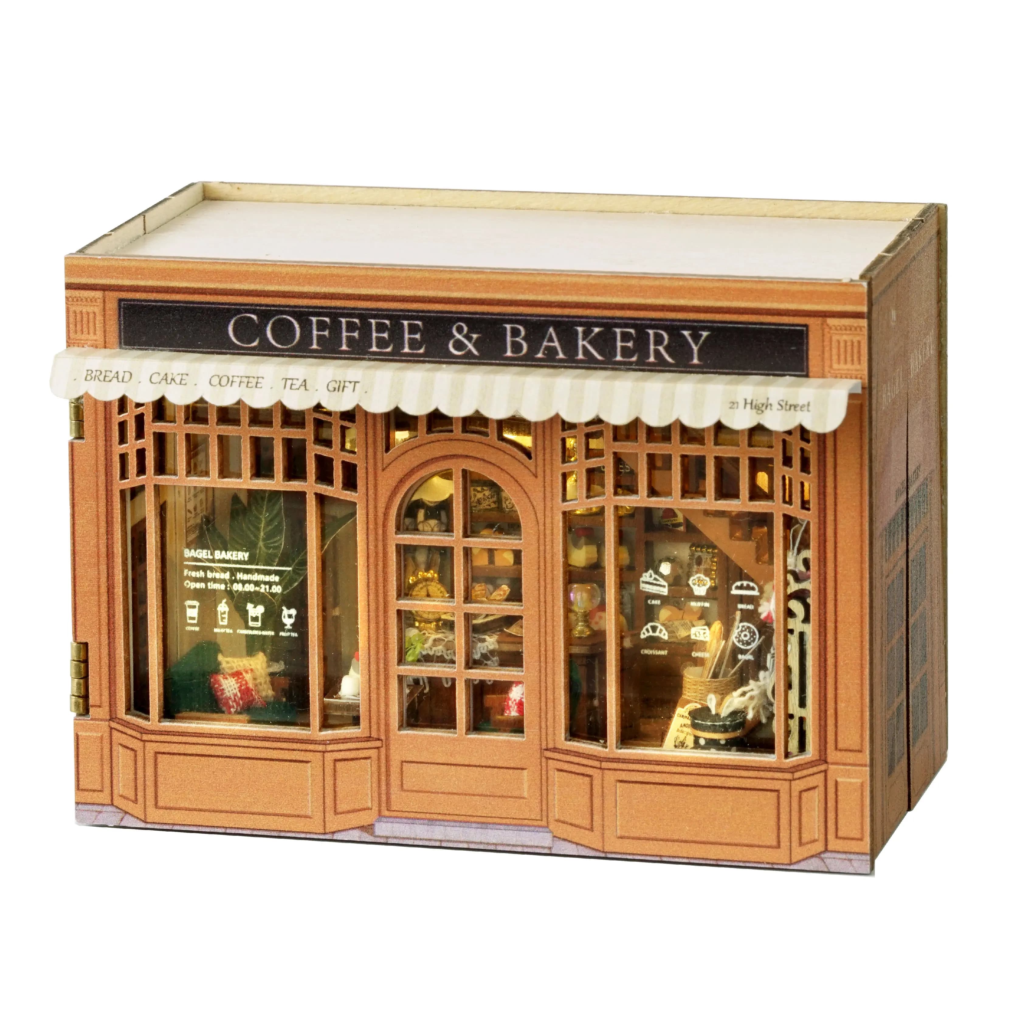 Kit modello in miniatura in legno fai-da-te Mini scatola Caffè Panetteria Negozio Casa Case delle bambole Puzzle 3D Casa delle bambole con mobili Regali per amici