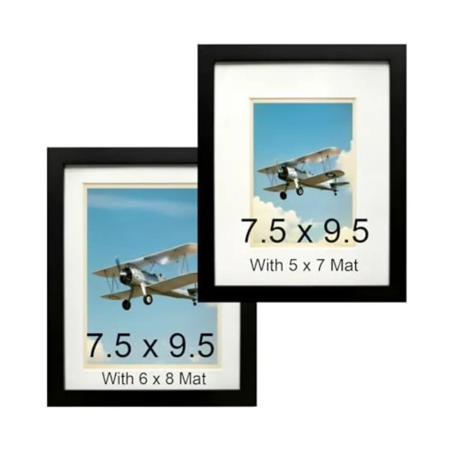 Fit for 8x10 Picture Frames Set of 2 - Black MDF 7.5x9.5 Wood Frames with Dedicated 5x7 or 6x8 Mats - Shatter-Resistant Plexigl