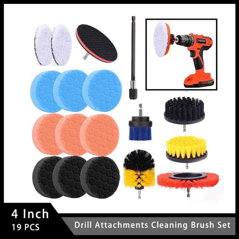 Set di spazzole per la pulizia degli accessori per trapano da 4 pollici 19 pezzi con spugna per cuscinetti Scrub, spazzola per lavaggio elettrico per la lucidatura della ceretta dell'auto