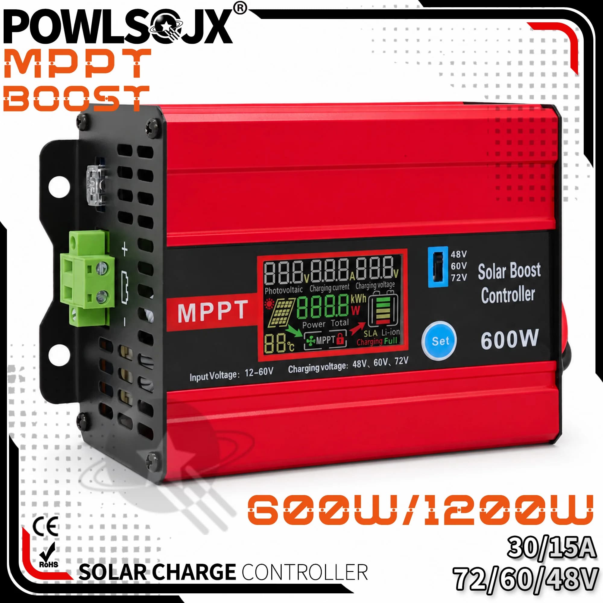POWLSOJX 1200W/600W MPPT Solar Boost 48/60V/72V Controller Lead-Acid Lithium Battery Activation Charger for Solar Panel Systems