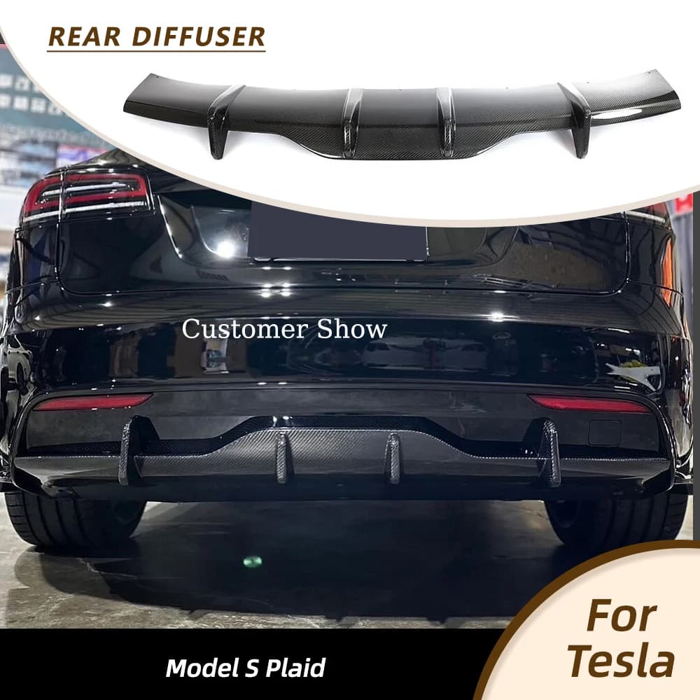 Car Rear Bumper Diffuser Lip Spoiler for Tesla Model S Plaid 2021-2023 Rear Bumper Exhaust Diffuser Lip Body Kits Carbon Fiber