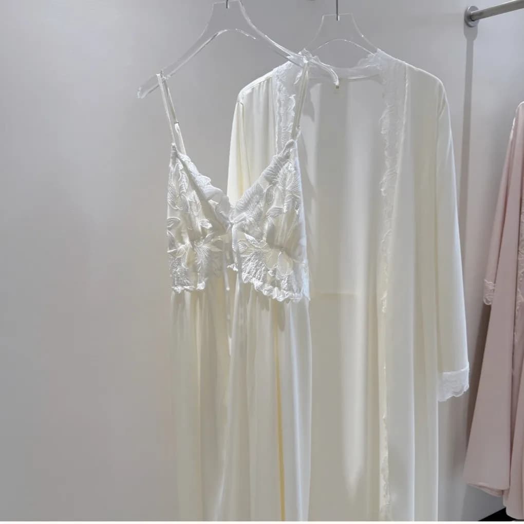 Elegante abito lungo in pizzo sexy camicia da notte set estate kimono in raso accappatoio abito da notte stile francese pigiameria pigiama