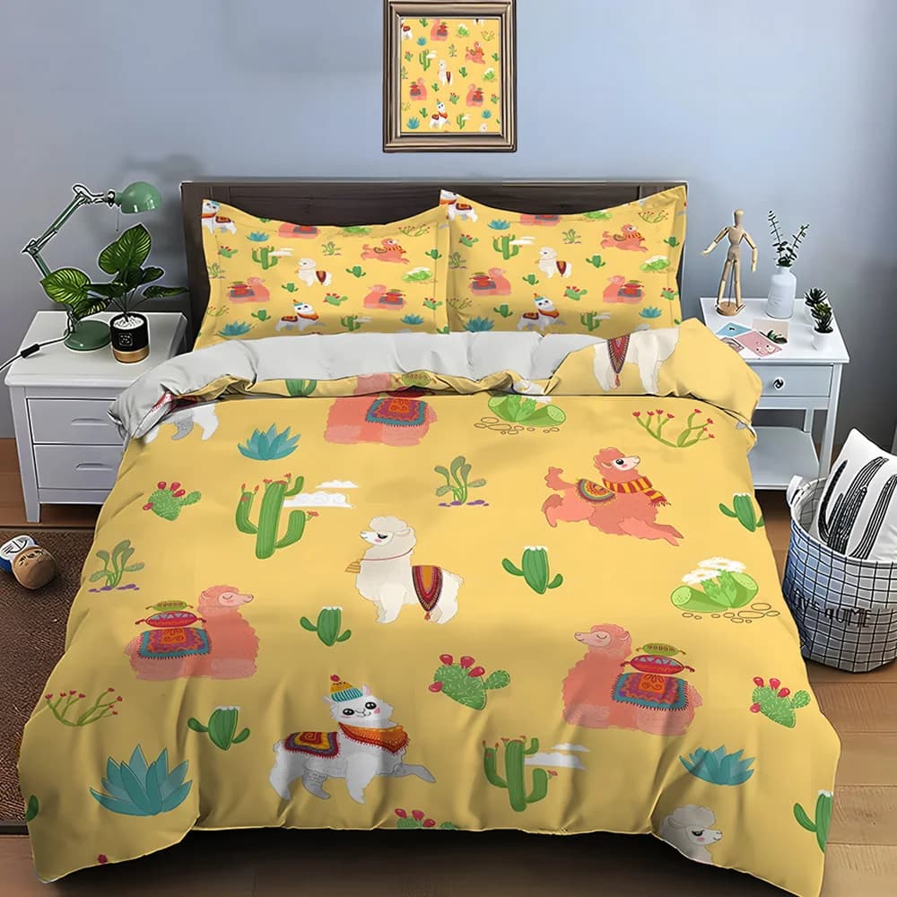 Set di biancheria da letto con stampa di cactus e lamine colorate in stile cartone animato, 1 copripiumino, 2 federe per adulti e bambini, regalo di lusso, misura completa