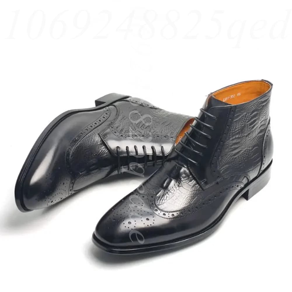Stivaletti Brogue in Pelle Nera da Uomo - Stivali Formali con Lacci Effetto Coccodrillo, Scarpe Vintage con Punta a Ala per Uomo