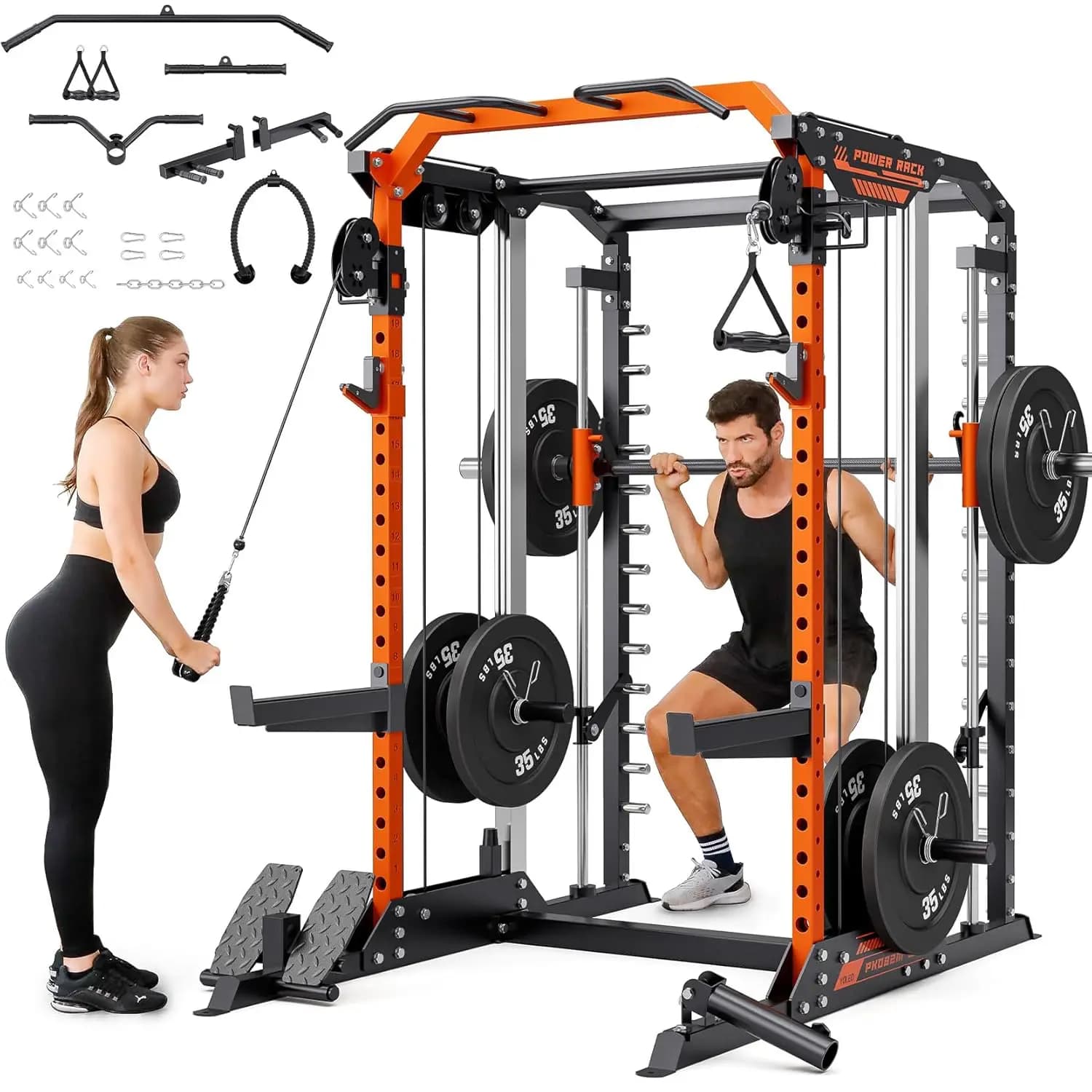 Combo Smith Machine and Squat Rack, Power Rack Multifunction with Adjustable Width and Traction Bar, Cable Crossover, Customizable
