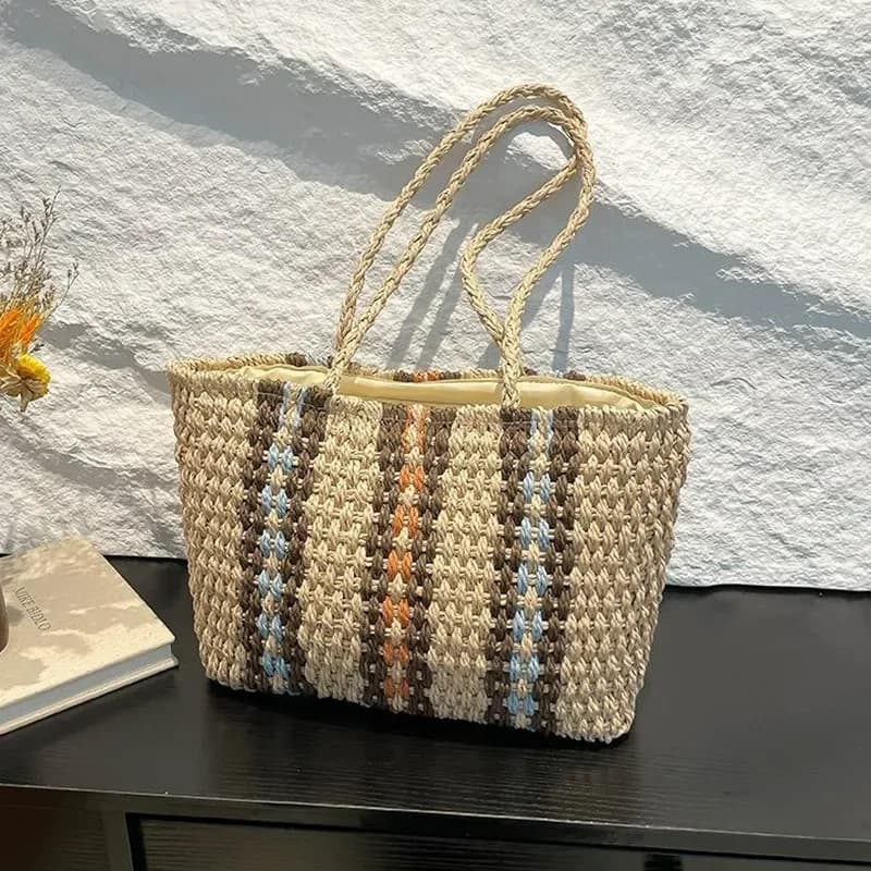 Straw Tote Bag Women One-Shoulder Hand-Woven Beach Bag Large Capacity Vacation Seaside Accessory