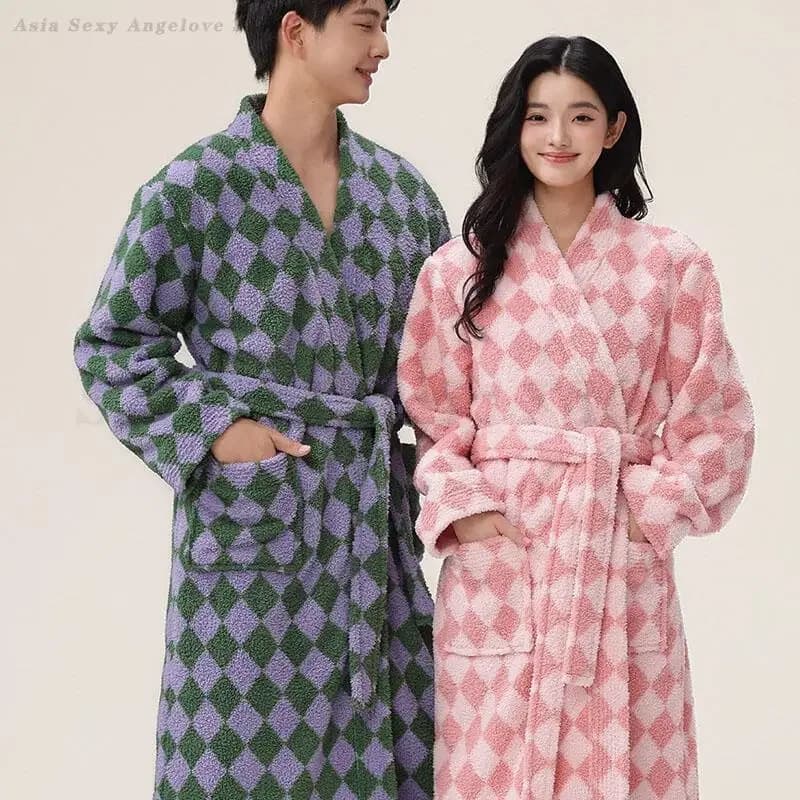 Addensare Caldo Coppia Degli Indumenti Da Notte Inverno Nuovo Abito Lungo Kimono Abito Corallo In Pile Plaid Accappatoio Abito Da Casa Casual Flanella Salotto di Usura