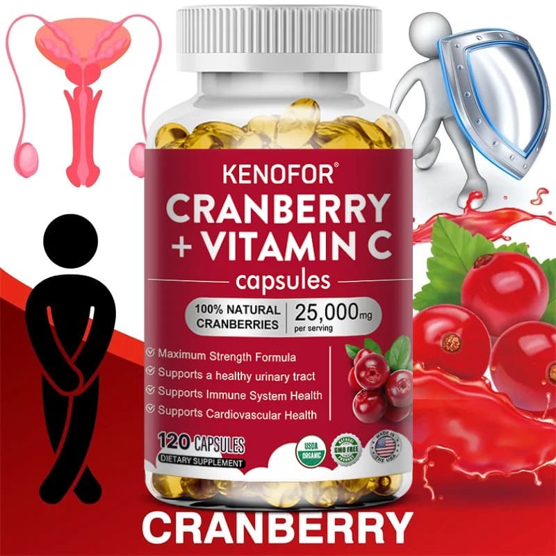 Red blueberry concentrate capsules with vitamin C, antioxidant supplement for the well-being of urinary, immune, skin and cardiovascular tract