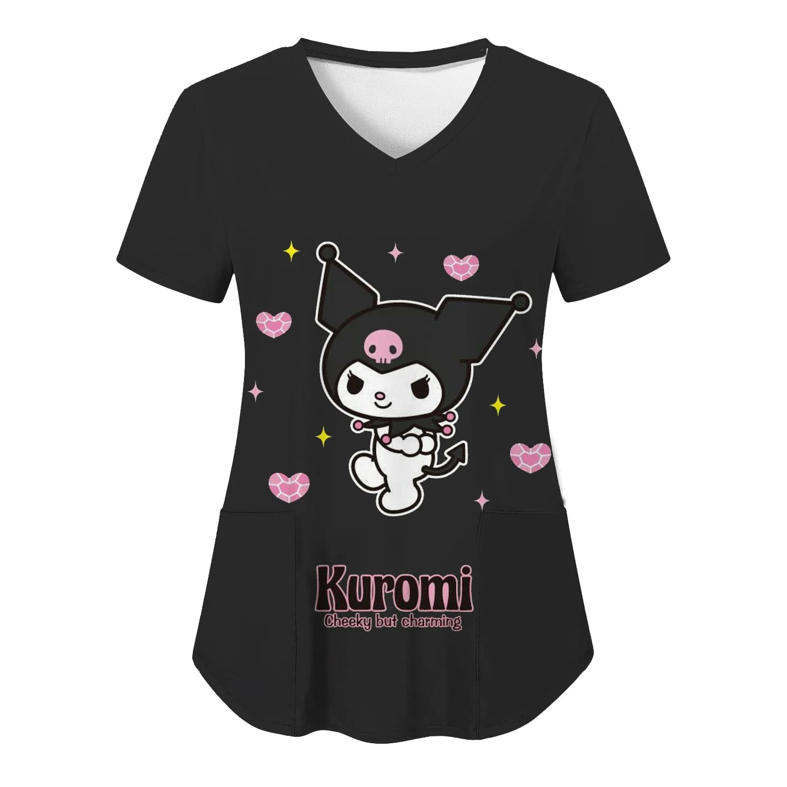 Nuova T-shirt da Donna con Stampa 3D Hello Kitty Sanrio Kuromi, Scollo a V, Stile Infermiera Y2K, Cartone Animato, con Tasca, per Ospedale, Collezione 2026