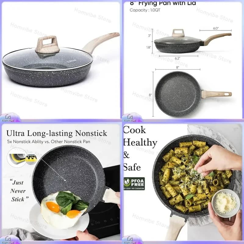 Non-Stick Frying Pan with Glass Lid PFOA Free Eco Friendly Cookware for Gas Induction Stove Easy Clean Flat Bottom Skillet