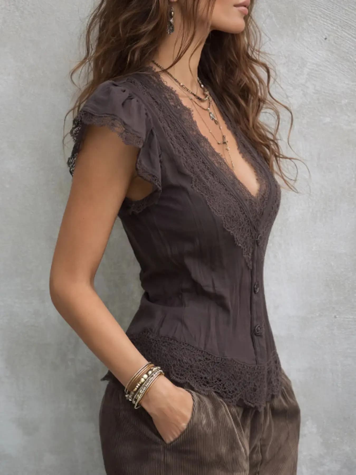 Vintage Bohemian Women Lace Trim Blouse Deep V Neck Flutter Sleeve Button Down Shirts Slim Fitted Retro Boho Casual Shirt Top