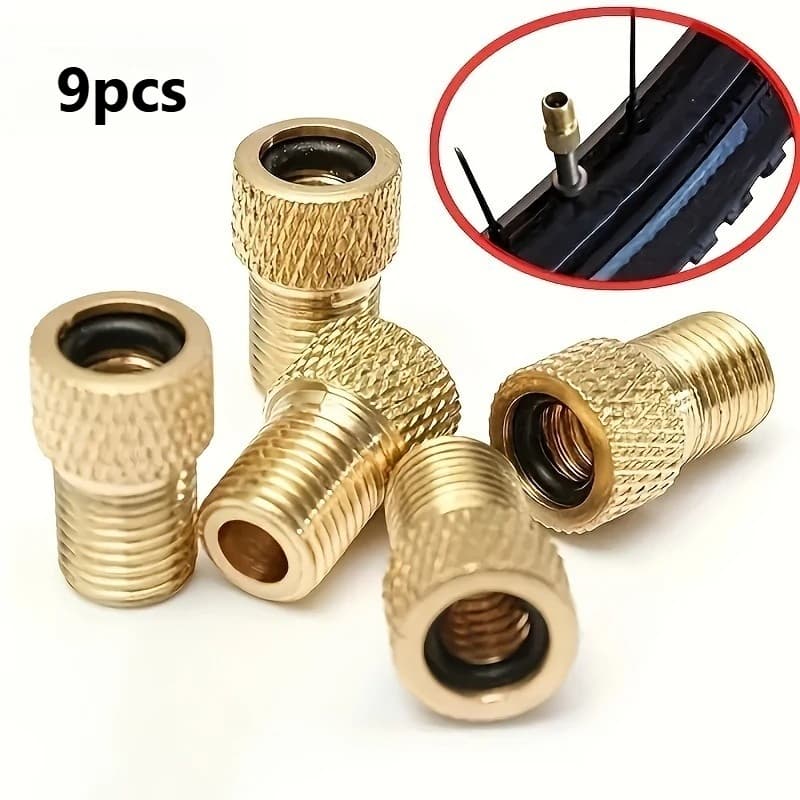 9pcs Universal Brass Bicycle Valve Stem Adapter with Seals, Round Shape Bike Air Pump Inlet Connector