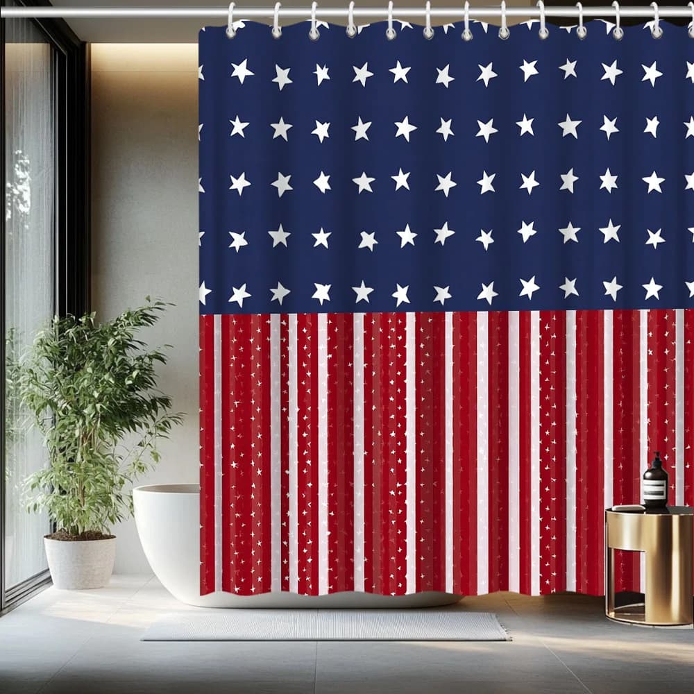 Tenda da doccia con bandiera americana a stelle e strisce per il Giorno dell'Indipendenza, in poliestere rosso, bianco e blu, decorazione per il bagno, design patriottico per la casa