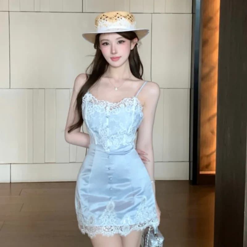 Abito Corto Estivo con Pizzo e Patchwork, Stile Sassy, Senza Spalline, Nuovo Modello, Gonna a Vita Alta Linea A, Scollo a V