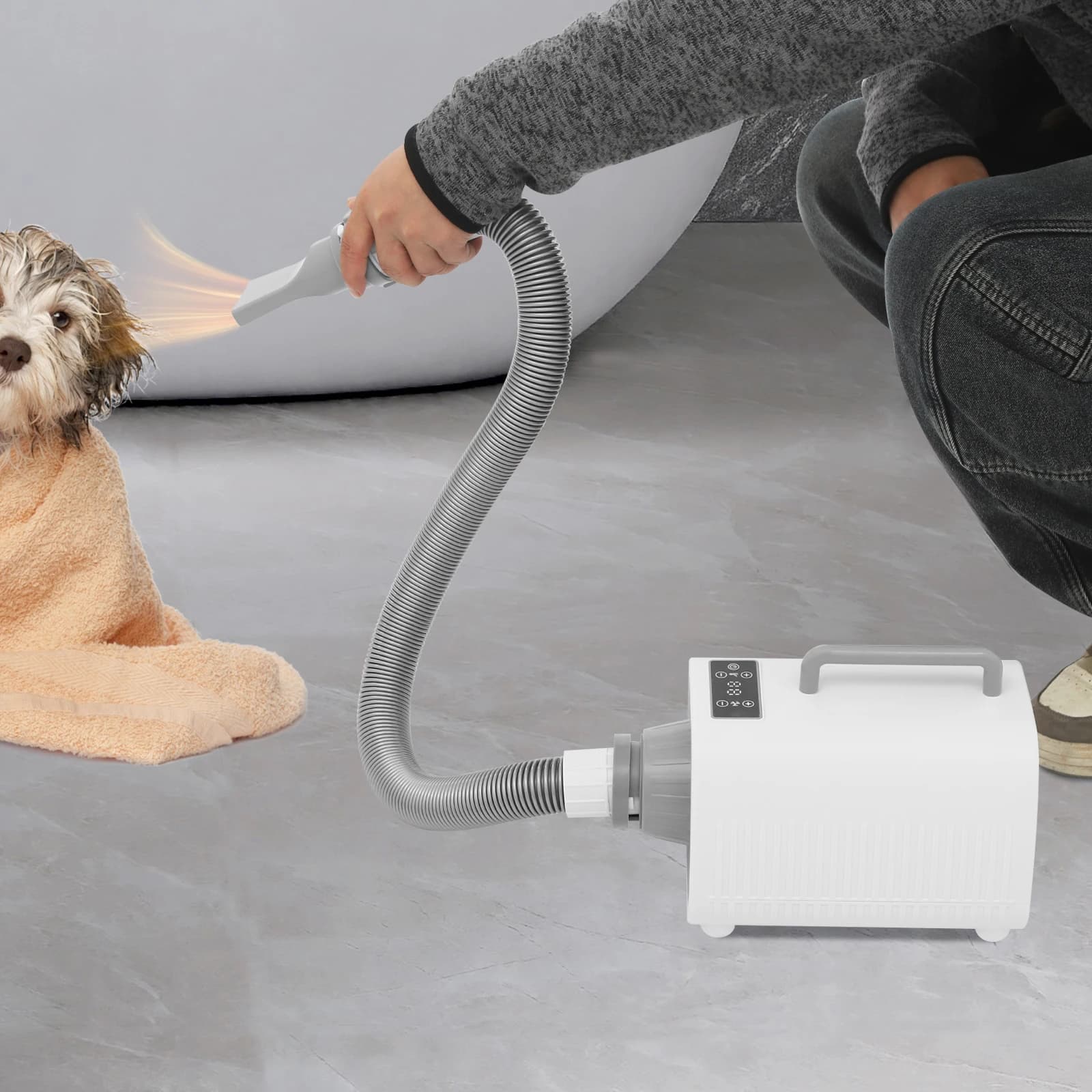 Pet Hair Dryer 2100W Adjustable 25-60 °C Hair dryer for dogs with LED screen smart touch screen, 3 nozzles for dogs and cats