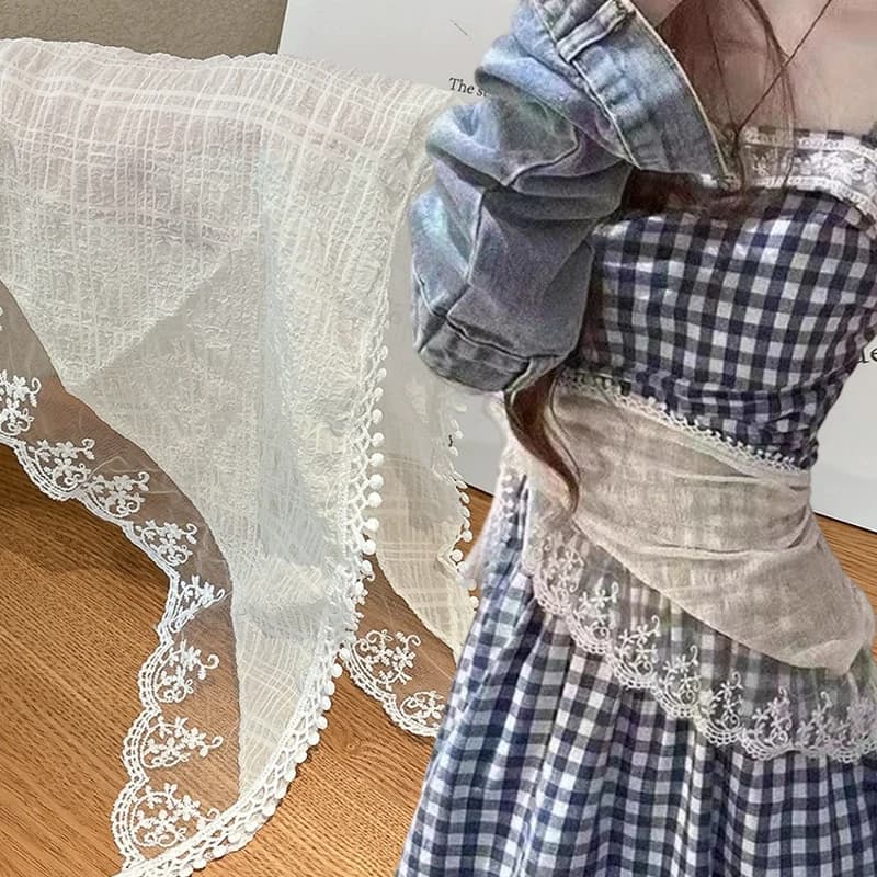 Summer White Lace Head Wrap Scarf Embroidered Triangle Neck Kerchief for Women Travel Photography Hair Bandana Pink Hair Scarf