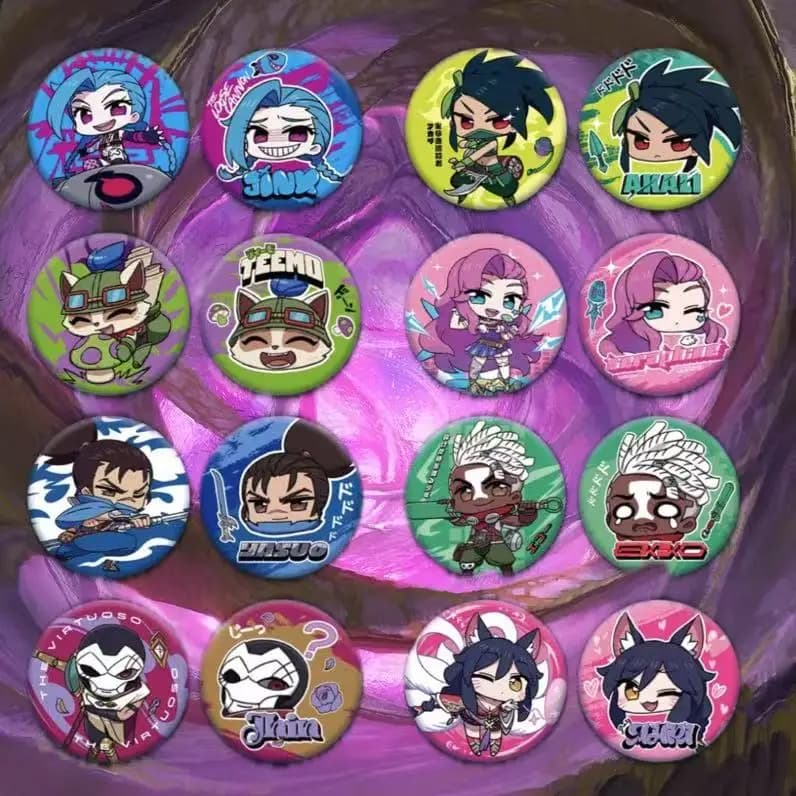 Set di badge in latta serie Chibi Set di scatole cieche (8 pezzi in totale) Ahri Jinx Akali Teemo Gwen Seraphine Yasuo Ekko Jhin Orianna