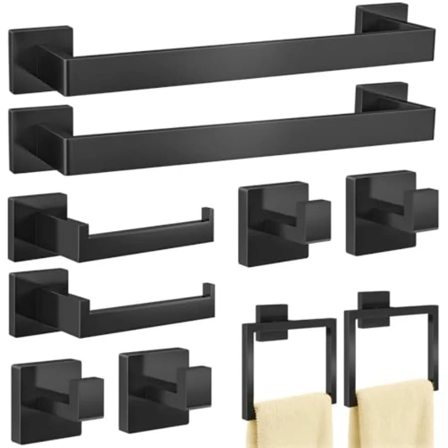 Set di accessori per il bagno, set di 10 pezzi in acciaio inossidabile nero opaco, portasciugamani da parete per bagno, 1