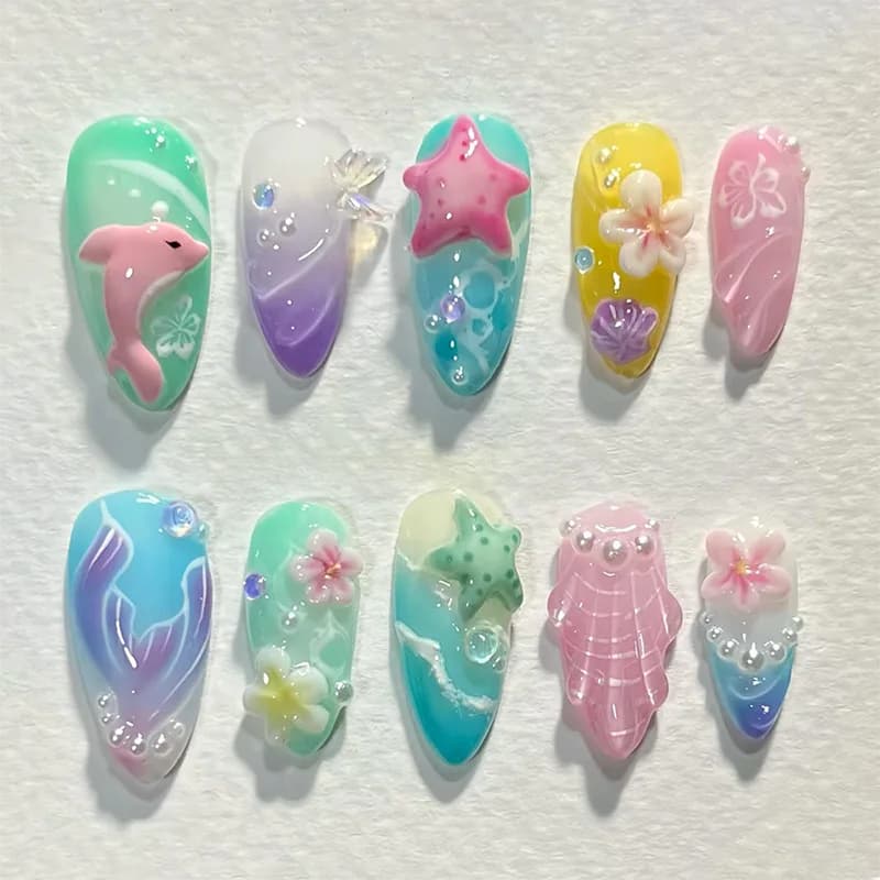 30 pezzi Summer Press on Nails 3D Ocean Starfish Shell Decor Punte per unghie finte Copertura completa Indossabile Gradiente Blu Mandorla Unghie finte