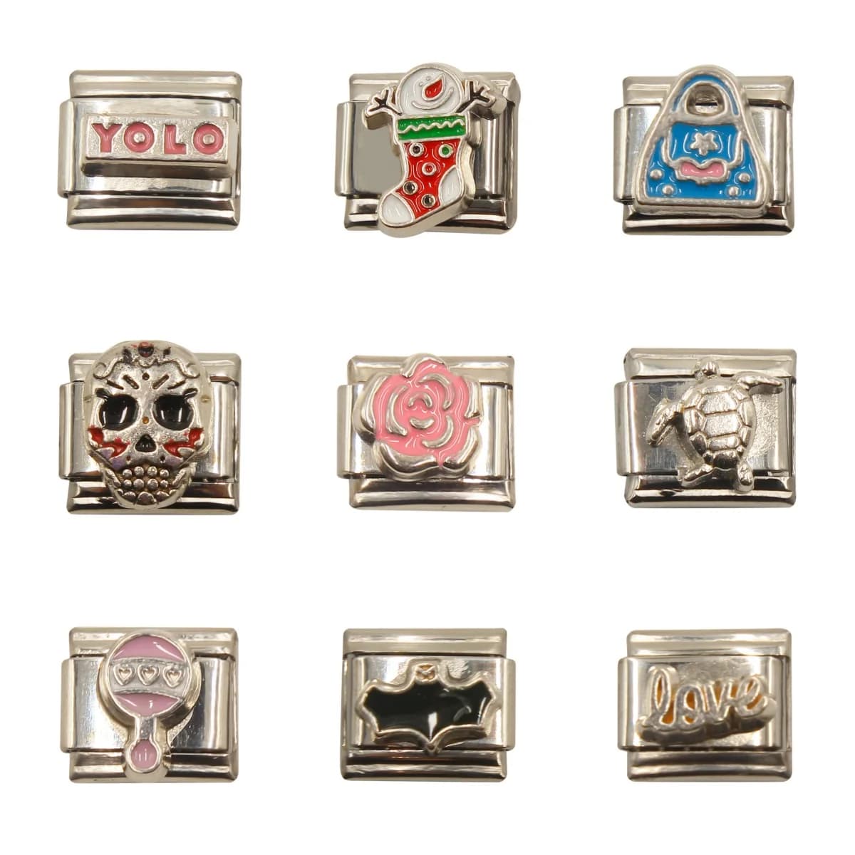 Lettere Calze natalizie Borse Teschi Ciondolo a maglie in stile italiano stile rosa (adatto per bracciale in acciaio inossidabile da 9 mm) Creazione di gioielli D
