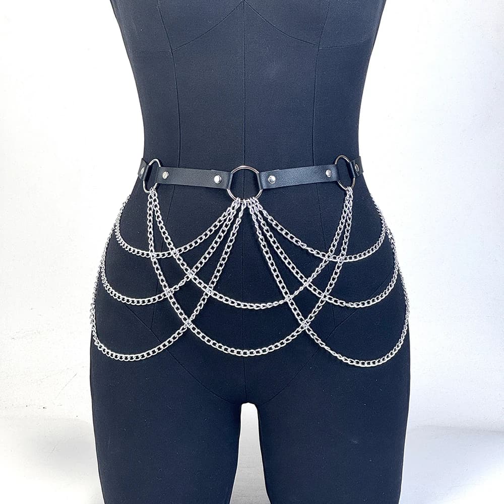 Fashion Punk Style PU Leather Belt with Multi-layer Chain and Rivets Gothic Adjustable Belt for Party Dress Decoration Accessory
