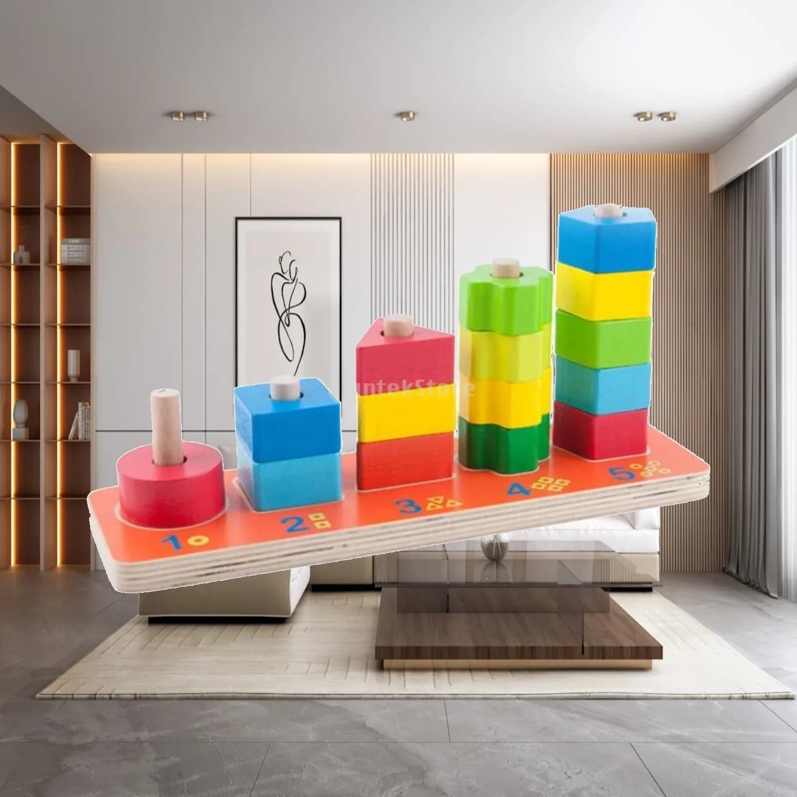 Color Sorting Wooden Learning Blocks for Toddlers Shape Stacking Puzzle Educational Toy with Five Geometric Columns for Hand Eye