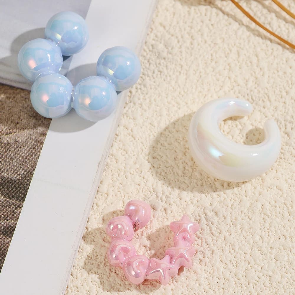 Set of Simple Clip Earrings Without Pink Blue Transparent White Piercing Colorful Half-Lunch Shape Star Heart and C