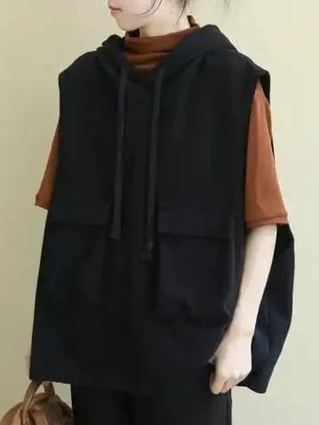 Giacca sottile senza maniche da donna taglie forti con cappuccio, effetto snellente, nuovo stile primavera autunno, casual, vita alta, in fibra di poliestere