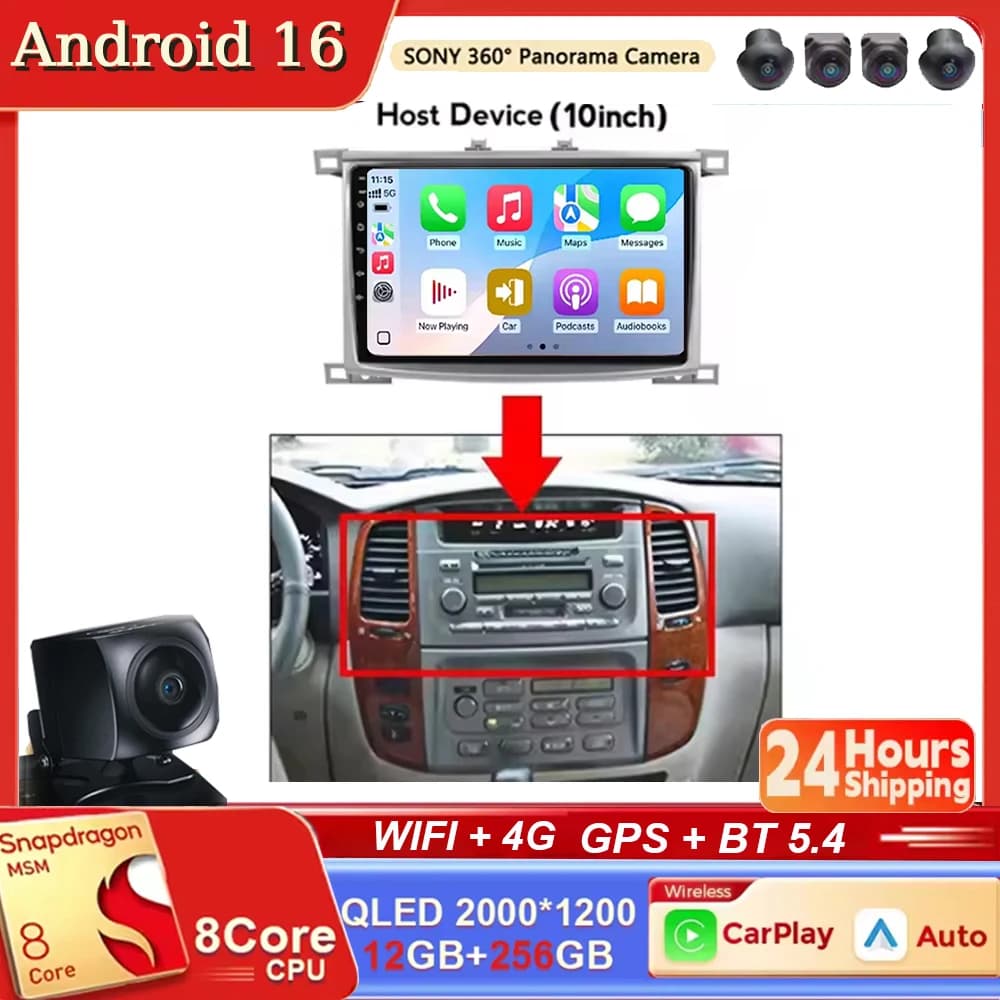Autoradio Android 16 con Carplay e Auto per Toyota Land Cruiser 100 2002-2007, Navigatore Multimediale Stereo BT QLED