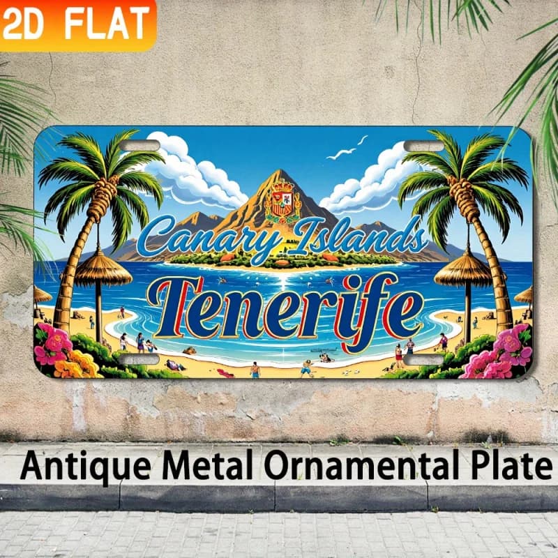 HD Aluminum Print, Vintage Canary Islands Tenerife Beach Volcano Retro License Plate Style Wall Art, High Definition Bend-Resist