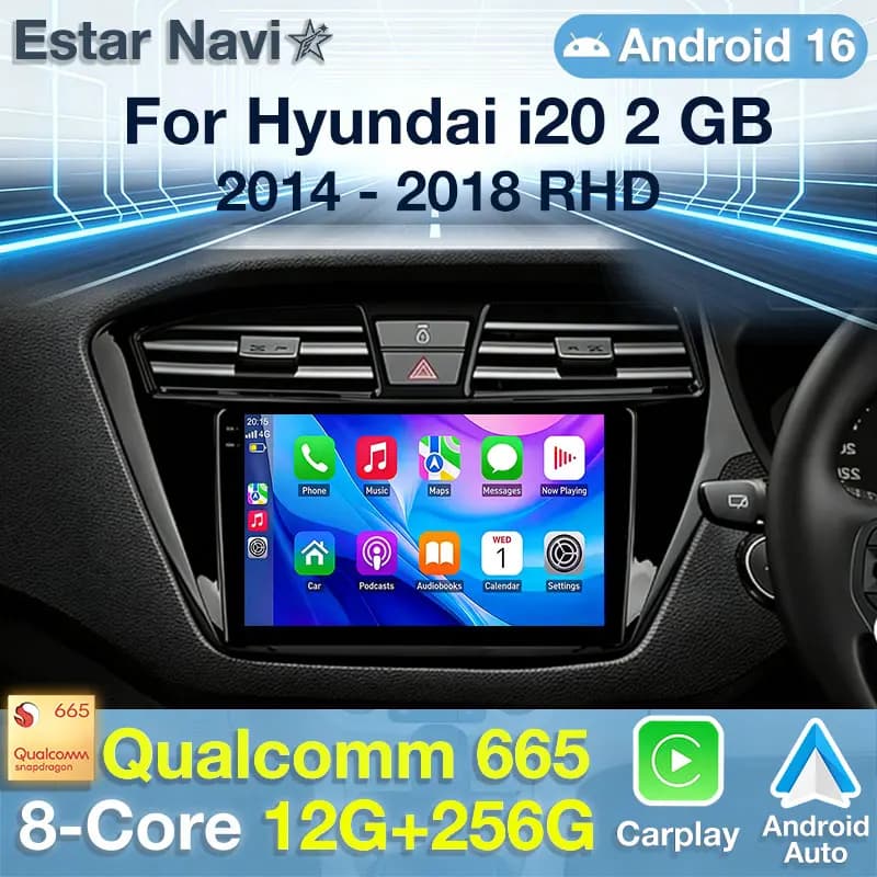 Autoradio Android 16 con schermo QLED e Carplay per Hyundai i20 2 II GB 2014 - 2018, sistema multimediale di navigazione stereo con GPS e lettore video.