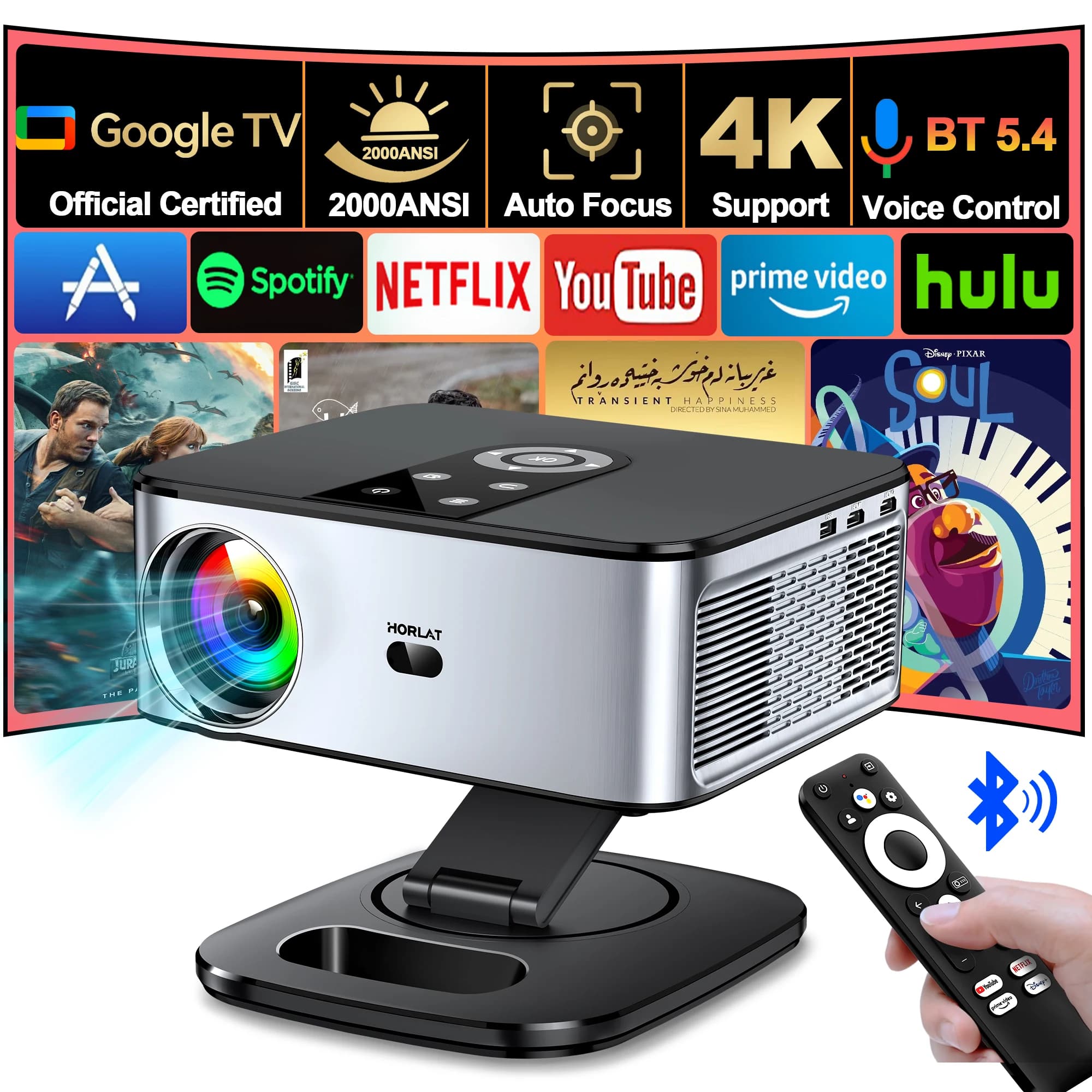 Proiettore HORLAT Google TV 40000 Lumen con Controllo Vocale Bluetooth, Autofocus, Android 11, WiFi 6, 4K UHD per Home Theater