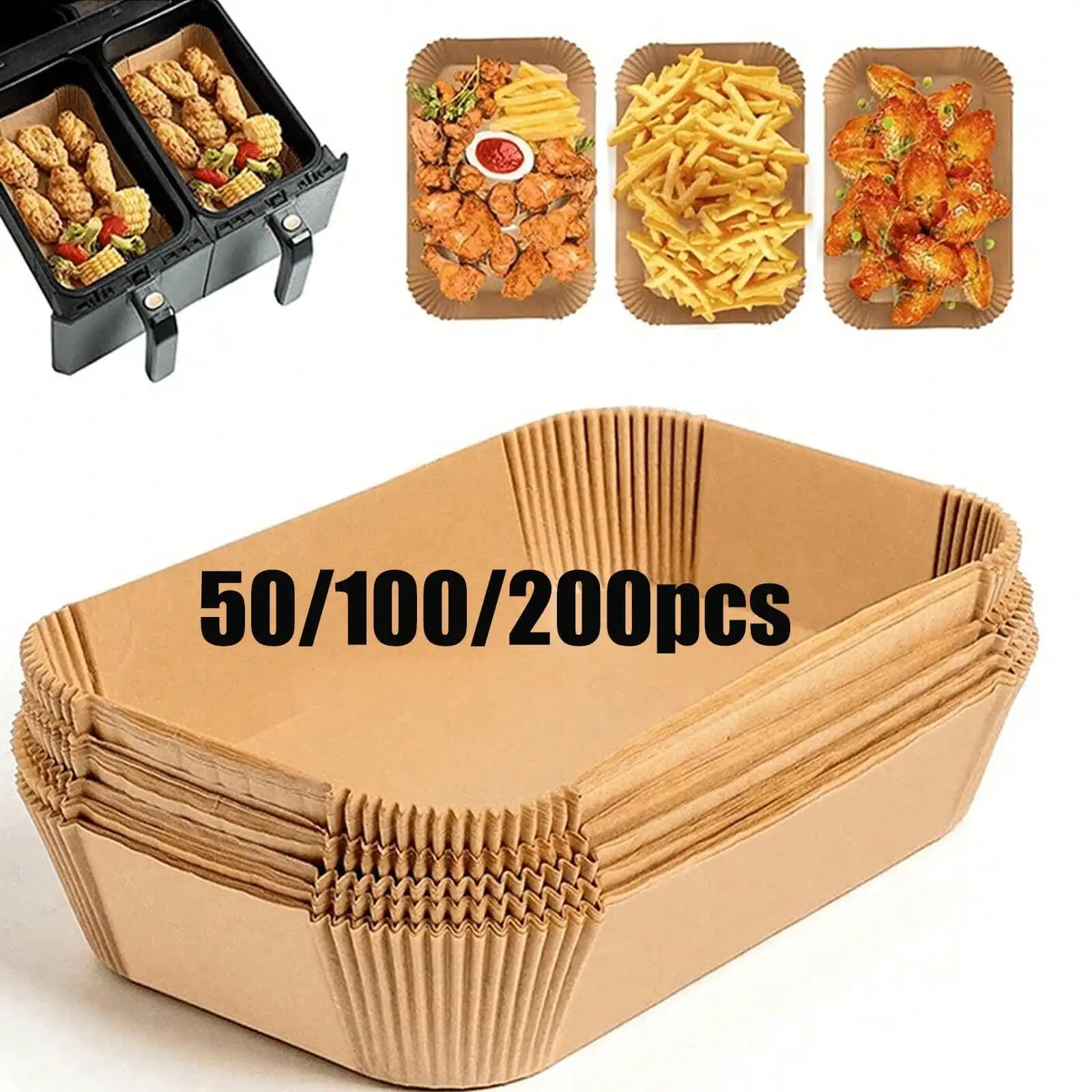 50/100/200 pezzi di rivestimenti in carta usa e getta per friggitrice ad aria, rettangolari, accessori da cucina, carta da forno antiaderente, adatti per friggitrici ad aria doppie, accessori per friggitrice ad aria, rivestimenti per friggitrice ad aria resistenti all'olio e impermeabili, rivestimenti per friggitrice ad aria, carta per friggitrice ad aria.