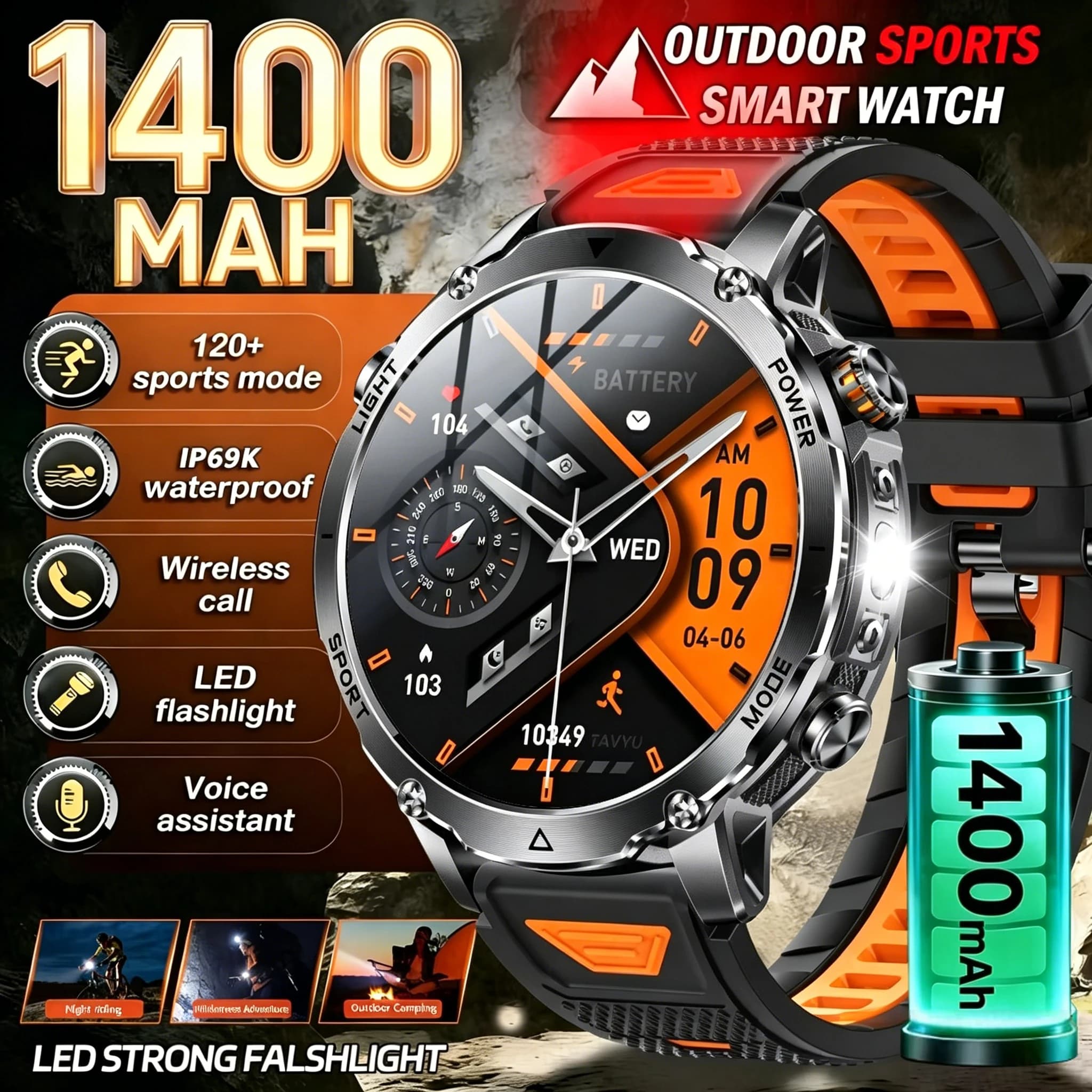 Smartwatch 2026 Ultra con Batteria Grande da 1400mAh, Orologio Sportivo da Uomo per Esterni con Pedometro, Impermeabile, Chiamate Bluetooth, Display AMOLED HD