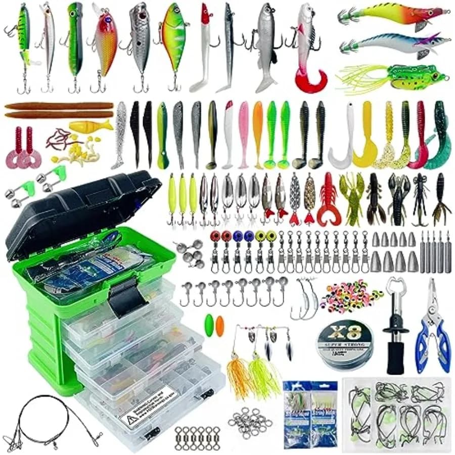 Kit di Esche da Pesca con Scatola Porta Attrezzi Inclusa: Crankbait, Minnow, Spinnerbait, Cucchiaini, Esche Morbide, Jig, Ami, Righe di Esche, Pesi e Piombi