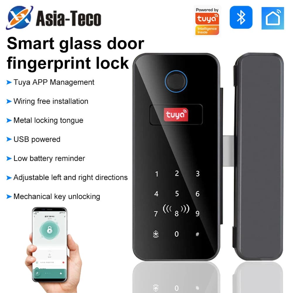 Serratura elettronica in vetro Bluetooth Riconoscimento delle impronte digitali Smart Lock Tuya APP Scheda Rfid Sblocco biometrico per serratura porta in vetro