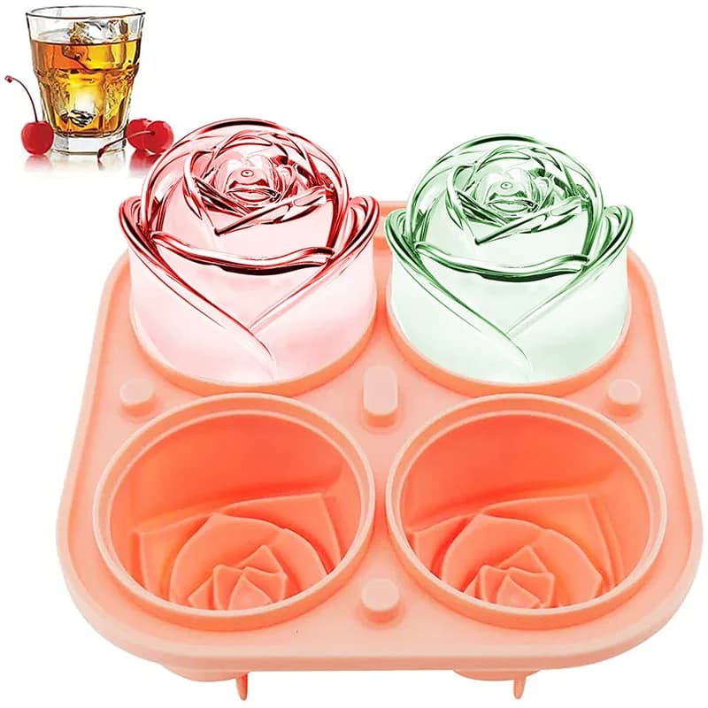 Rose Ice Ball Molds 2.5 Inch Large Silicone Ice Cube Trays Make 4 Giant Flower Maker for Cocktails Juice Whiskey Dishwasher Safe