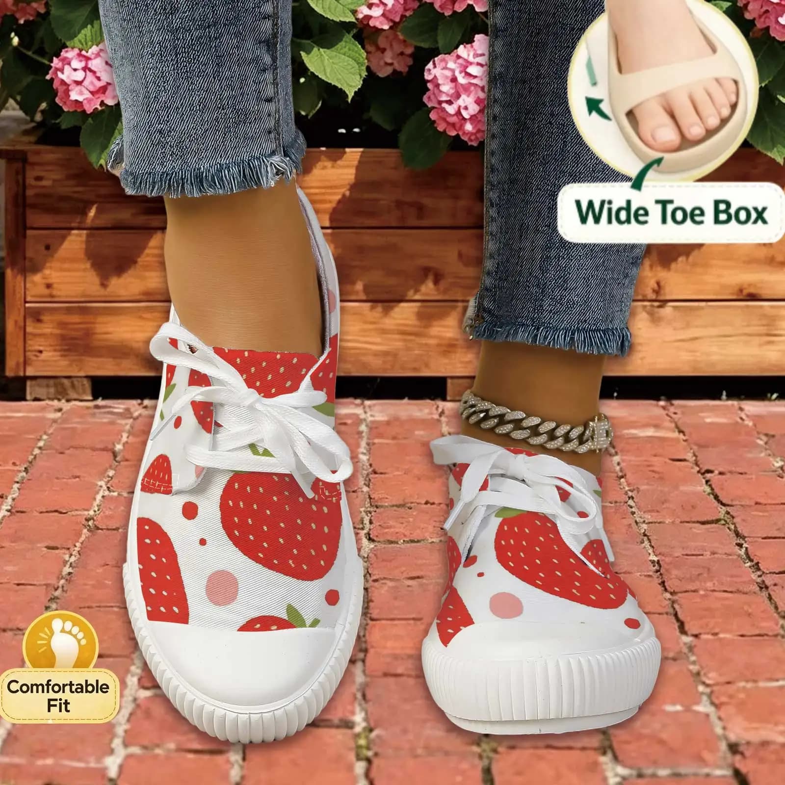 Women Strawberry Print Lace Up Flat Sneakers Wide Round Toe Light Breathable Shoes For Daily Walking Commute